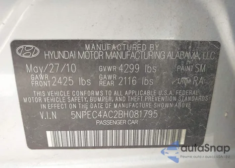 2011 Hyundai Sonata Se from USA, damaged, VIN 5NPEC4AC2BH081795